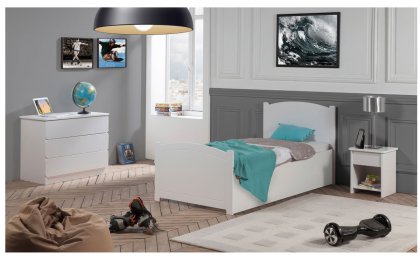 Image Pack 3 pices Lit Enfant Ado avec Sommier Relevable Florence 90x190 cm + Matelas + Commode + Table Chevet tiroir couleur Blanc pan laque