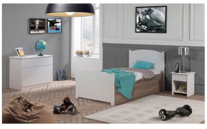 Image Pack 3 pices Lit Enfant Ado avec Sommier Relevable Florence 90x190 cm + Matelas + Commode + Table Chevet tiroir couleur Blanc pan bois