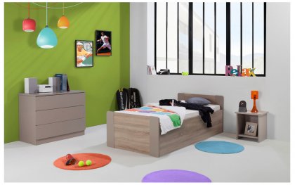 Image Pack 3 pices Lit Enfant Ado avec Sommier Relevable Montral 90x190 cm + Matelas + Commode + Table Chevet niche couleur argile pan bois