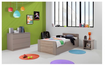 Image Pack 3 pices Lit Enfant Ado avec Sommier Relevable Montral 90x190 cm + Matelas + Commode + Table Chevet niche couleur argile pan laque