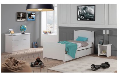 Image Pack 4 pices Lit Enfant Ado Avec Tiroir Rangement Florence 90x190 cm + Sommier + Matelas + Commode + Table Chevet niche couleur Blanc