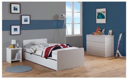 Pack 5 pices Lit Gigogne Sommier Matelas Table Chevet Niche Commode Tahiti 90x190 Couleur Blanc