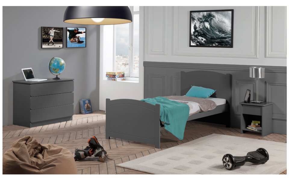 Image Chambre Enfant Ado Florence Lit 90x190 Couleur Carbone table chevet tiroir