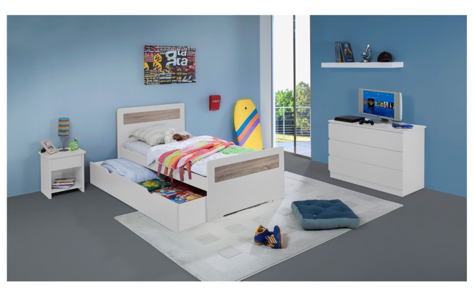 Image Chambre Enfant Ado New Delhi Lit 90x190 Tiroir Rangement Couleur Blanc table chevet tiroir + Commode