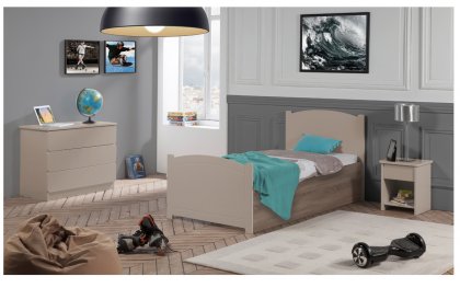 Image Chambre Enfant Ado Florence Lit 90x190 Sommier Relevable Pans Bois Couleur Argile Table chevet tiroir + Commode